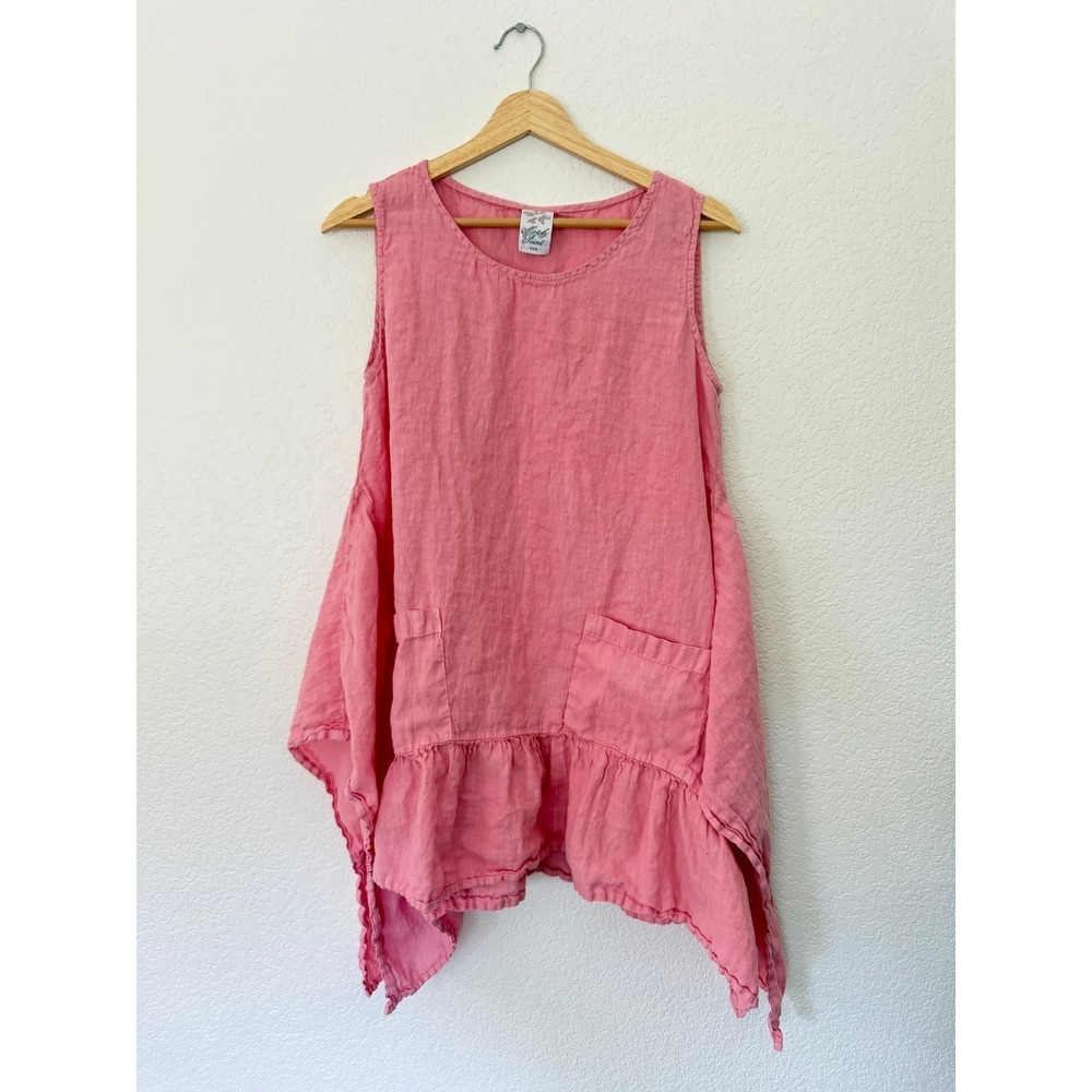 MatchPoint 100% Linen Tunic Women XS Pink Lagenlook Ruffle Asymmetrical Hem